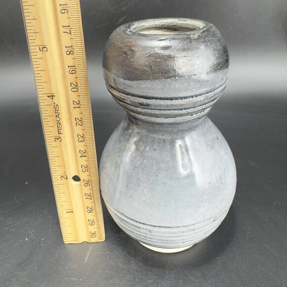 Primitive Style Art Pottery Bud Vase Round Bottom Gray Black Lines Glaze Vase - Picture 2 of 11